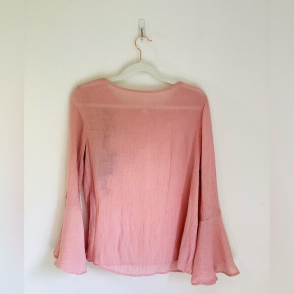 St. Johns Bay Pink Embroidered Bell Sleeve Blouse Petite L Rayon/Polyester - Picture 3 of 8